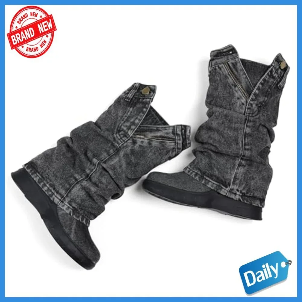 Denim Mid Calf Boots Fold Over Slouchy Platform Wedge Booties Detachable